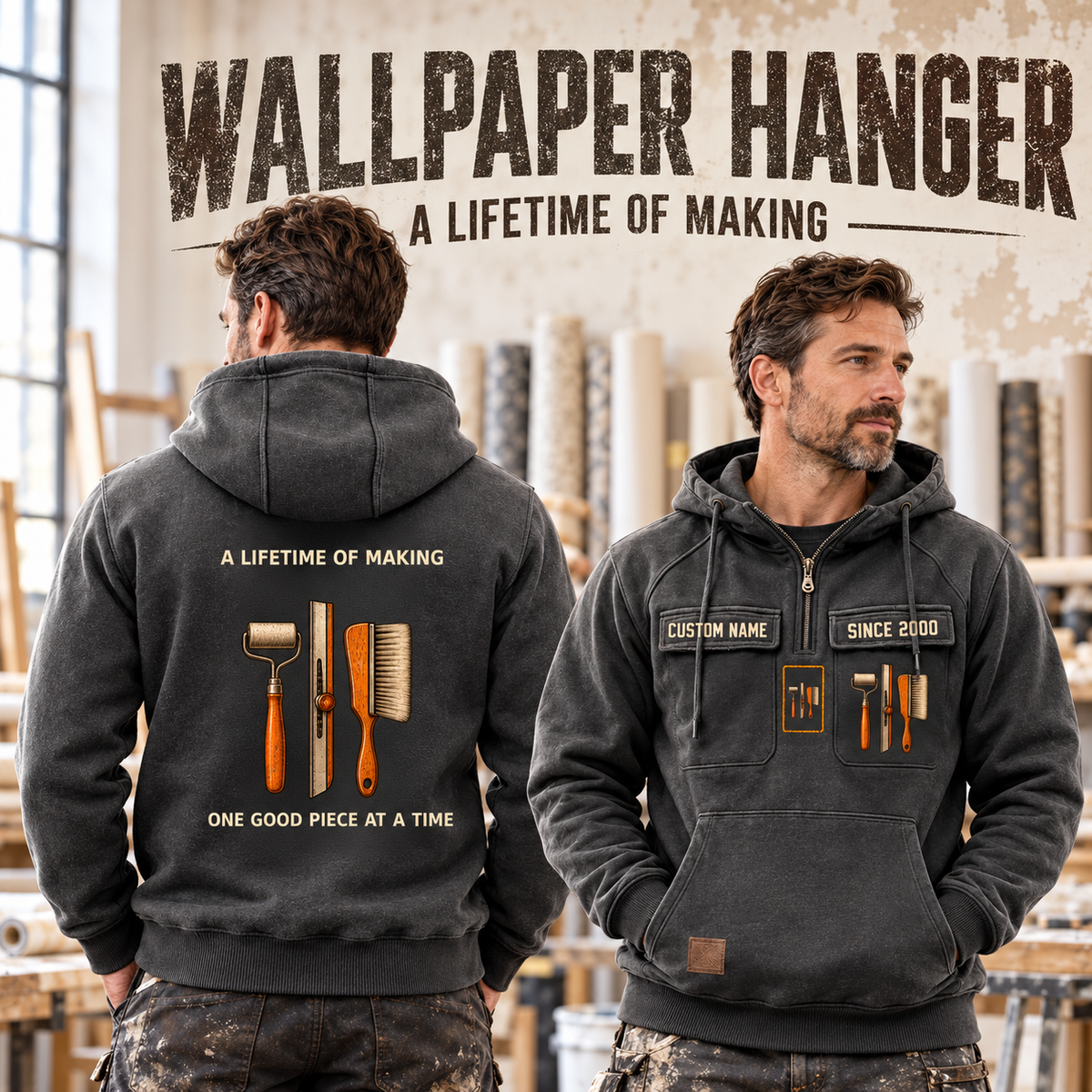 Wallpaper Hanger Lifetime of Making Vintage Hoodie in Dark Gray, worn front and back lifestyle views with original artwork and sample personalization.