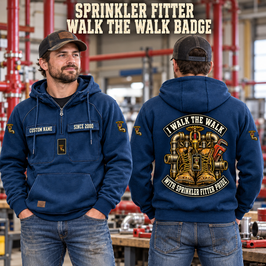 Sprinkler Fitter Walk the Walk Badge Vintage Hoodie in Dark Blue, worn front and back lifestyle views with original artwork and sample personalization.