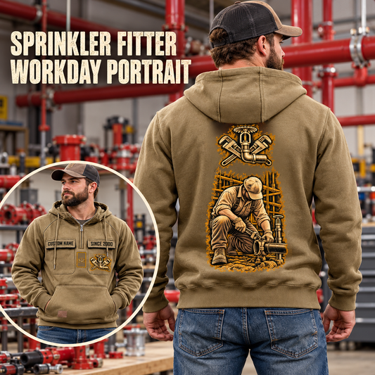 Sprinkler Fitter Workday Portrait Vintage Hoodie in Kaki, worn front and back lifestyle views with original artwork and sample personalization.