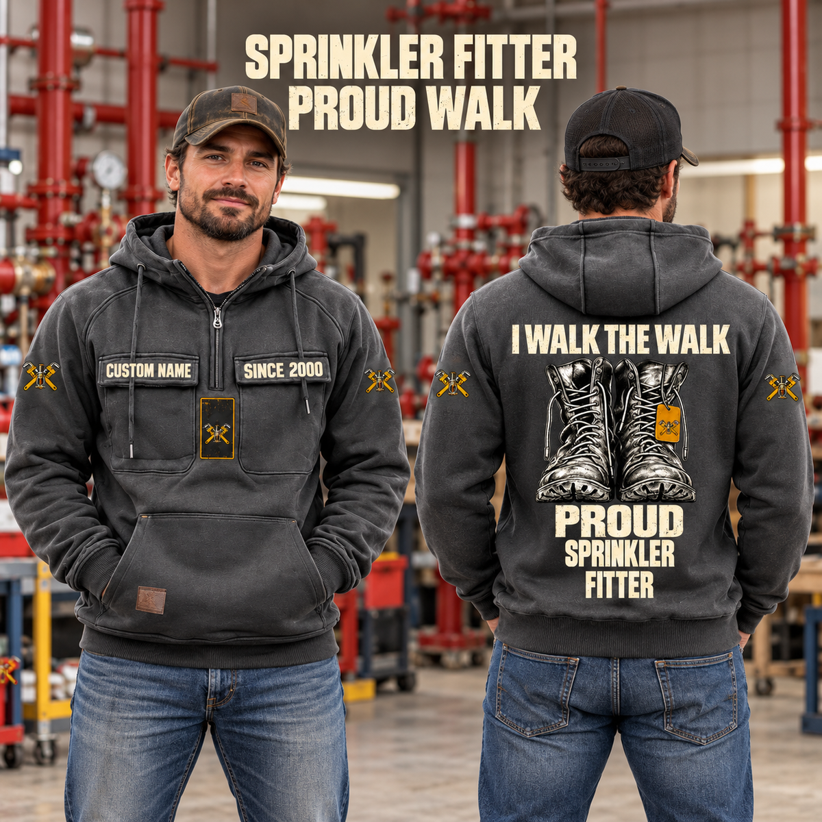 Sprinkler Fitter Proud Walk Vintage Hoodie in Dark Gray, worn front and back lifestyle views with original artwork and sample personalization.