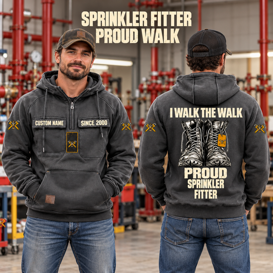 Sprinkler Fitter Proud Walk Vintage Hoodie in Dark Gray, worn front and back lifestyle views with original artwork and sample personalization.