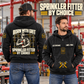 Sprinkler Fitter By Choice Vintage Hoodie in Black, worn front and back lifestyle views with original artwork and sample personalization.