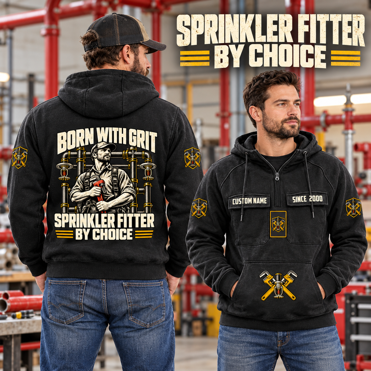 Sprinkler Fitter By Choice Vintage Hoodie in Black, worn front and back lifestyle views with original artwork and sample personalization.