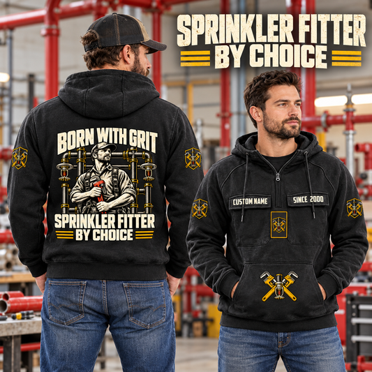 Sprinkler Fitter By Choice Vintage Hoodie in Black, worn front and back lifestyle views with original artwork and sample personalization.