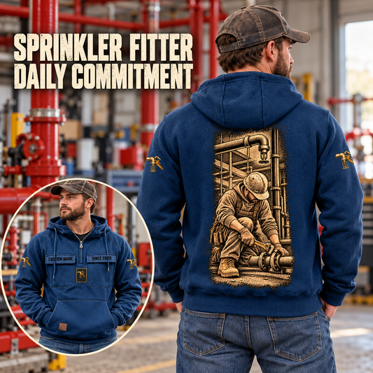 Sprinkler Fitter Daily Commitment Vintage Hoodie in Dark Blue, worn front and back lifestyle views with original artwork and sample personalization.