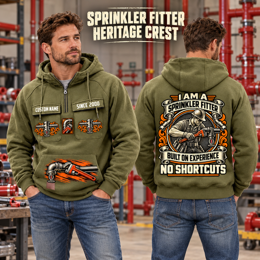 Sprinkler Fitter Heritage Crest Vintage Hoodie in Military Green, worn front and back lifestyle views with original artwork and sample personalization.