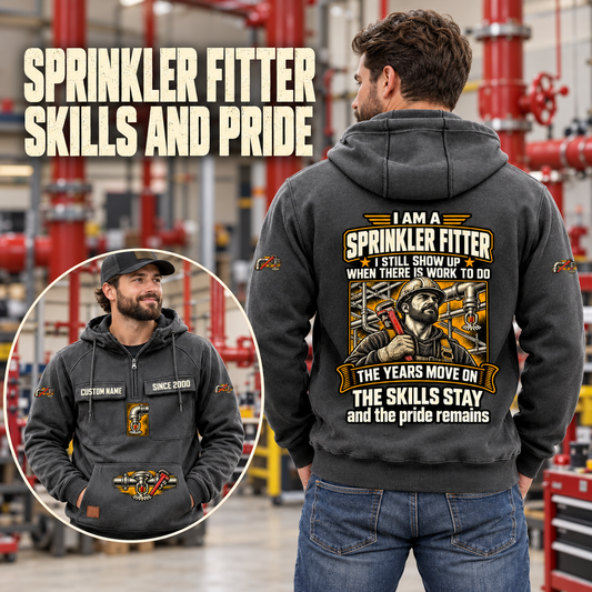 Sprinkler Fitter Skills and Pride Vintage Hoodie in Dark Gray, worn front and back lifestyle views with original artwork and sample personalization.