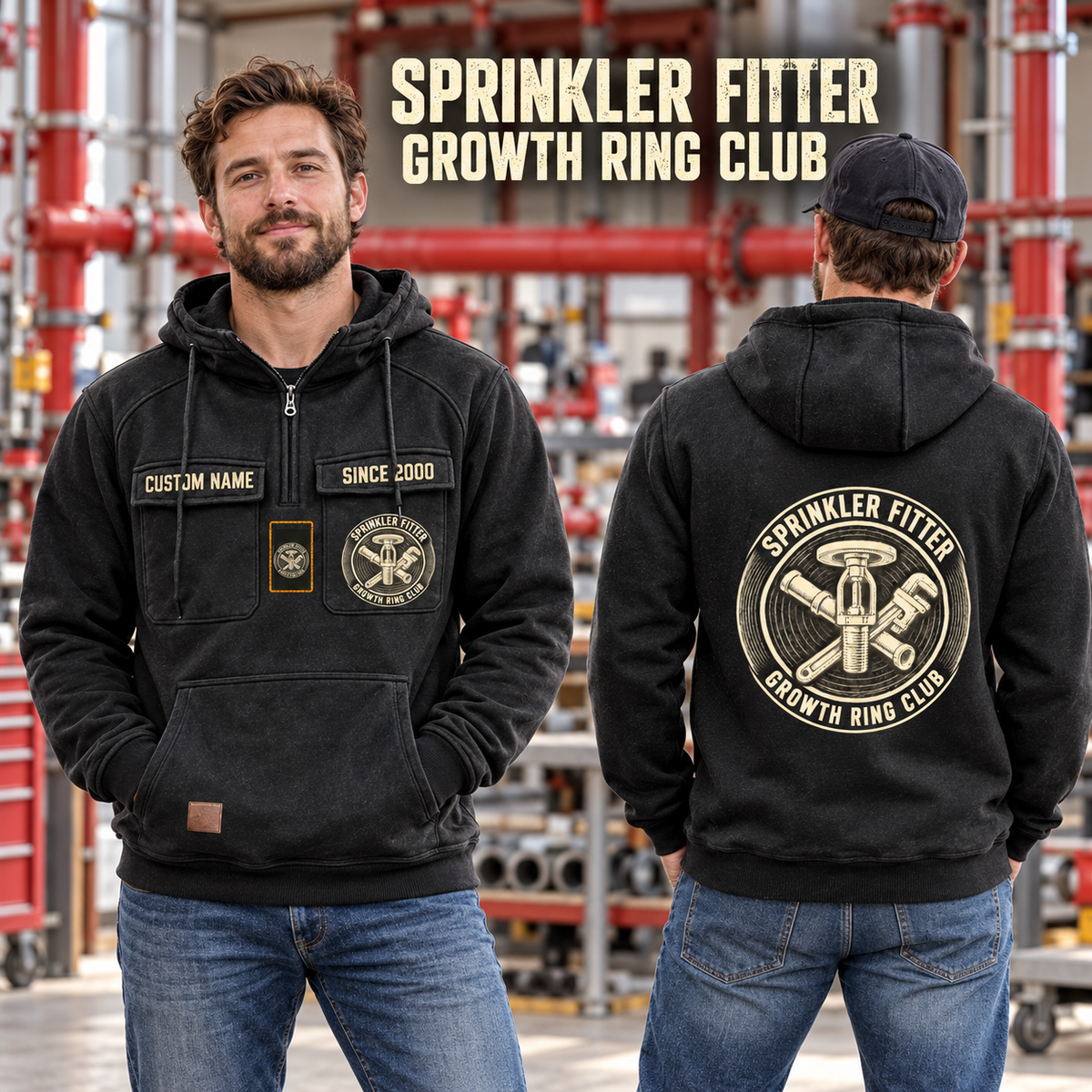 Sprinkler Fitter Vintage Hoodie - Growth Ring Club in Black, worn front and back lifestyle views with original artwork and sample personalization.
