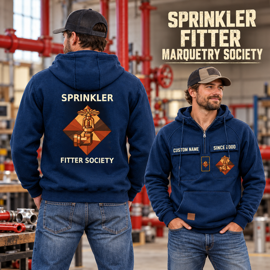 Sprinkler Fitter Vintage Hoodie - Marquetry Society in Dark Blue, worn front and back lifestyle views with original artwork and sample personalization.