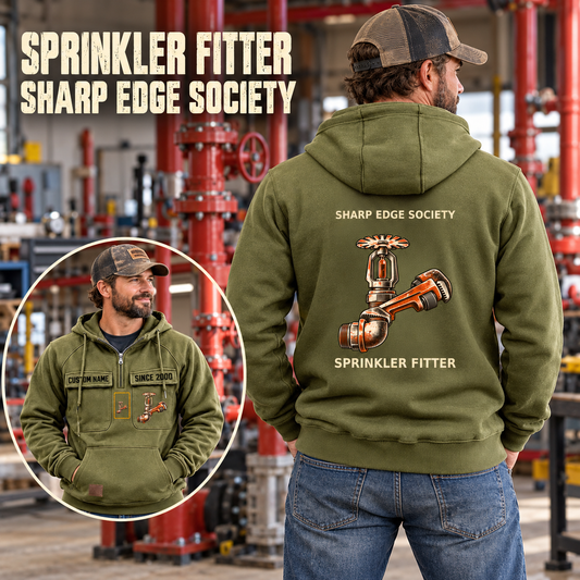 Sprinkler Fitter Vintage Hoodie - Sharp Edge Society in Olive Green, worn front and back lifestyle views with original artwork and sample personalization.