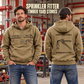 Sprinkler Fitter Vintage Hoodie - Timber Yard Stories in Khaki, worn front and back lifestyle views with original artwork and sample personalization.