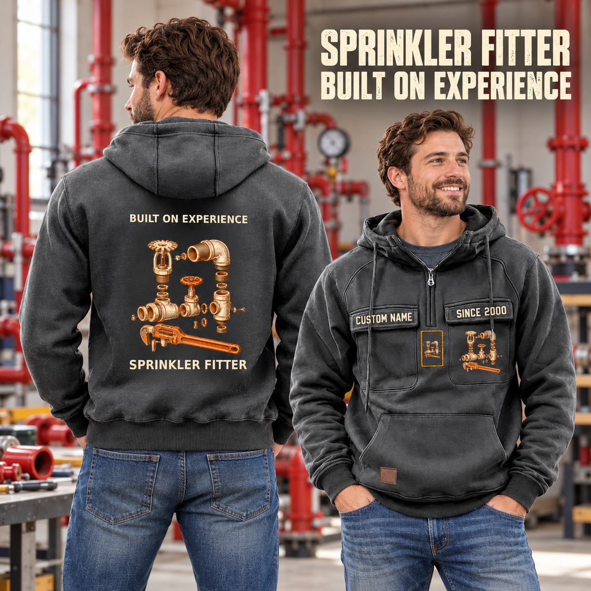 Sprinkler Fitter Built on Experience Vintage Hoodie in Dark Gray, worn front and back lifestyle views with original artwork and sample personalization.