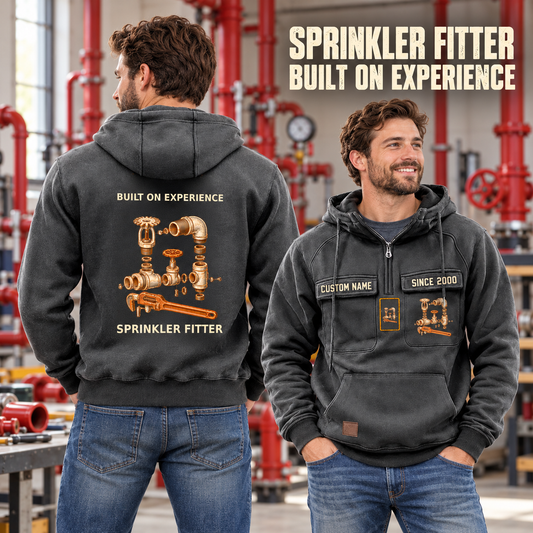 Sprinkler Fitter Built on Experience Vintage Hoodie in Dark Gray, worn front and back lifestyle views with original artwork and sample personalization.