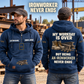 Ironworker Never Ends Vintage Hoodie in Dark Blue, worn front and back lifestyle views with original artwork and sample personalization.