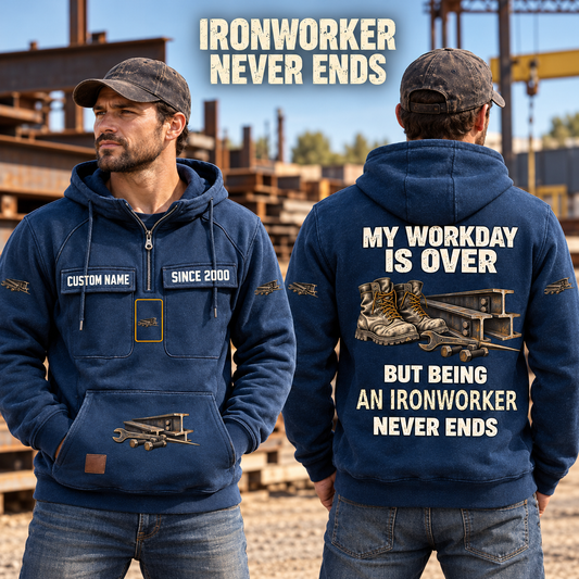 Ironworker Never Ends Vintage Hoodie in Dark Blue, worn front and back lifestyle views with original artwork and sample personalization.