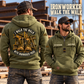 Ironworker Walk the Walk Badge Vintage Hoodie in Military Green, worn front and back lifestyle views with original artwork and sample personalization.
