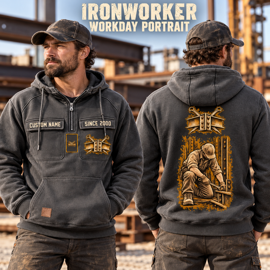 Ironworker Workday Portrait Vintage Hoodie in Dark Gray, worn front and back lifestyle views with original artwork and sample personalization.