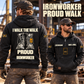Ironworker Proud Walk Vintage Hoodie in Black, worn front and back lifestyle views with original artwork and sample personalization.