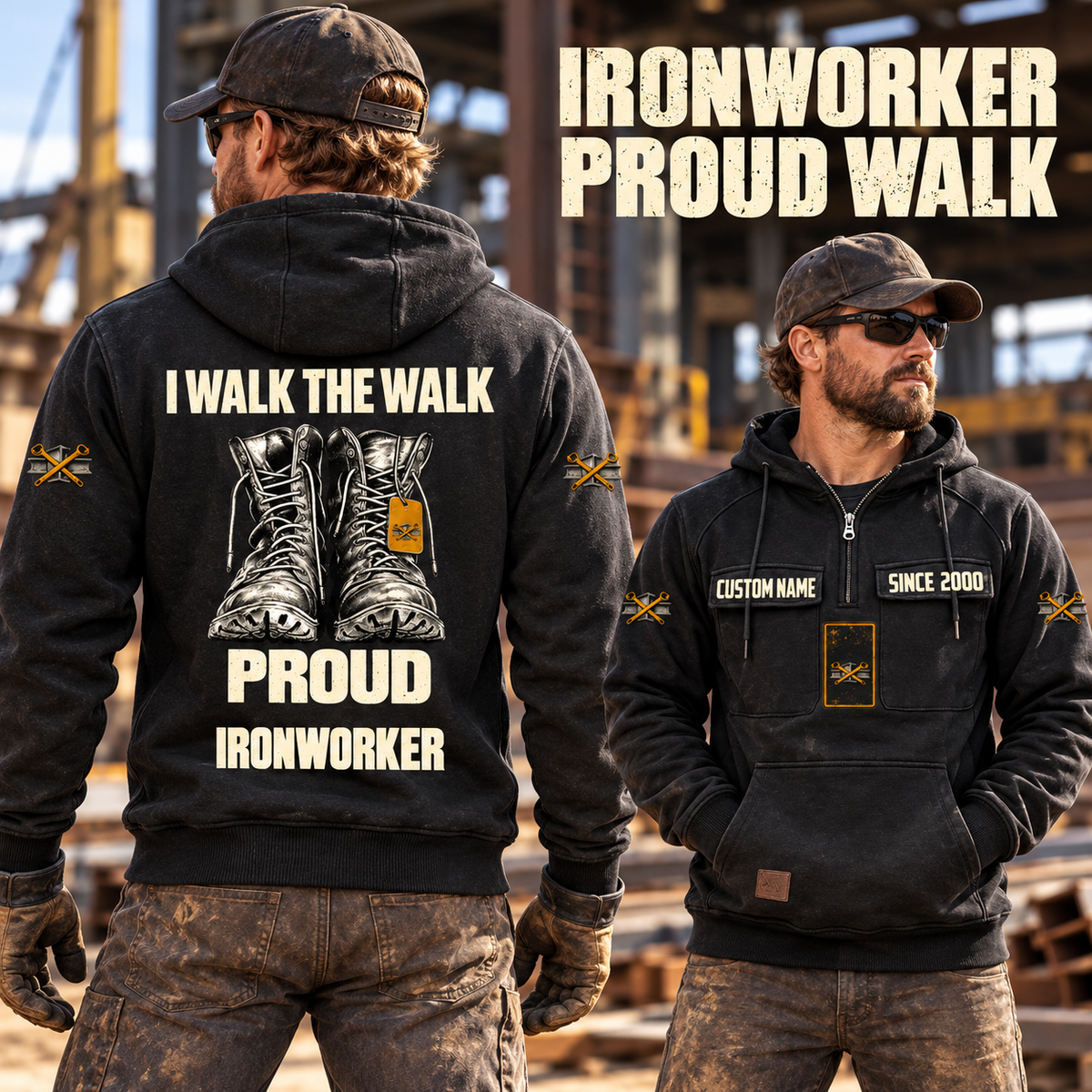 Ironworker Proud Walk Vintage Hoodie in Black, worn front and back lifestyle views with original artwork and sample personalization.