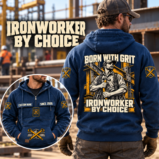 Ironworker By Choice Vintage Hoodie in Dark Blue, worn front and back lifestyle views with original artwork and sample personalization.