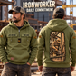 Ironworker Daily Commitment Vintage Hoodie in Military Green, worn front and back lifestyle views with original artwork and sample personalization.