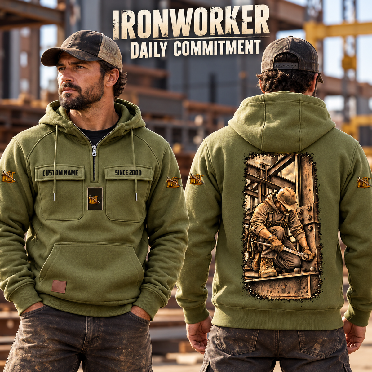 Ironworker Daily Commitment Vintage Hoodie in Military Green, worn front and back lifestyle views with original artwork and sample personalization.