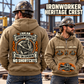 Ironworker Heritage Crest Vintage Hoodie in Kaki, worn front and back lifestyle views with original artwork and sample personalization.