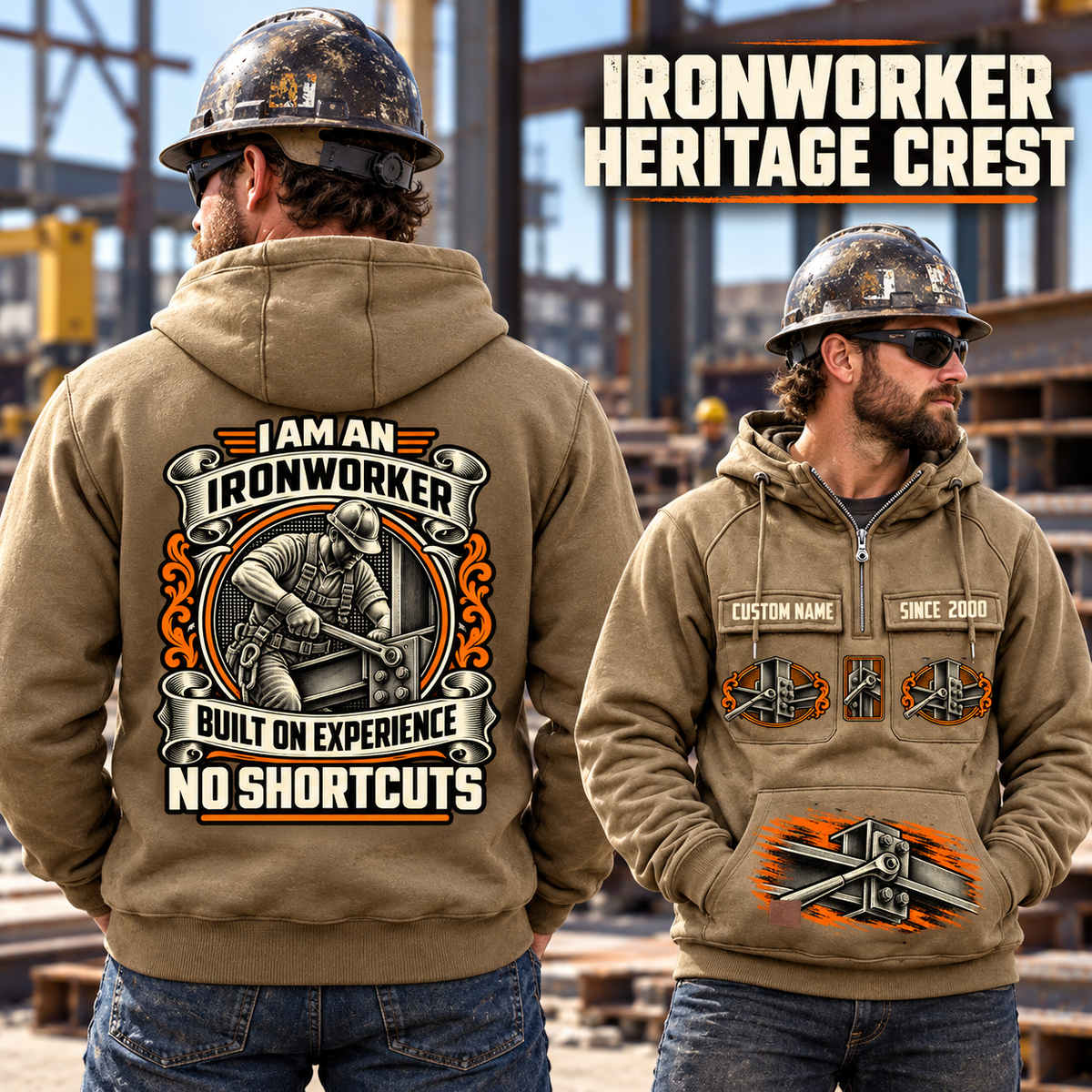 Ironworker Heritage Crest Vintage Hoodie in Kaki, worn front and back lifestyle views with original artwork and sample personalization.