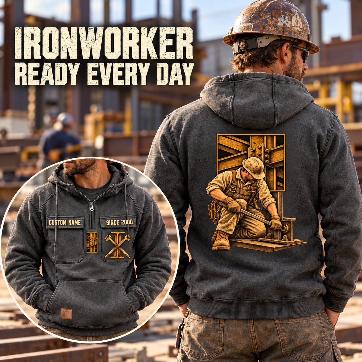 Ironworker Ready Every Day Portrait Vintage Hoodie in Dark Gray, worn front and back lifestyle views with original artwork and sample personalization.