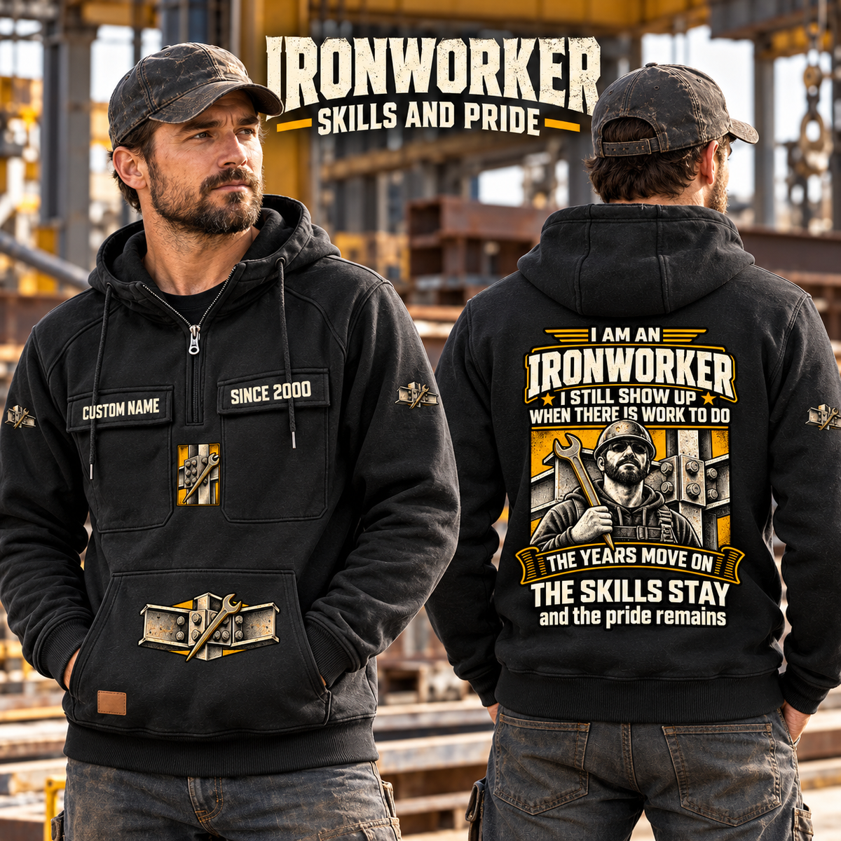 Ironworker Skills and Pride Vintage Hoodie in Black, worn front and back lifestyle views with original artwork and sample personalization.