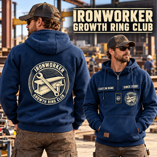 Ironworker Vintage Hoodie - Growth Ring Club in Dark Blue, worn front and back lifestyle views with original artwork and sample personalization.