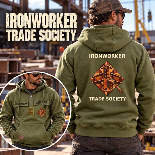 Ironworker Vintage Hoodie - Marquetry Society in Olive Green, worn front and back lifestyle views with original artwork and sample personalization.