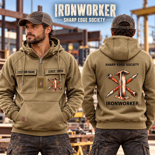 Ironworker Vintage Hoodie - Sharp Edge Society in Khaki, worn front and back lifestyle views with original artwork and sample personalization.