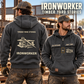 Ironworker Vintage Hoodie - Timber Yard Stories in Dark Gray, worn front and back lifestyle views with original artwork and sample personalization.