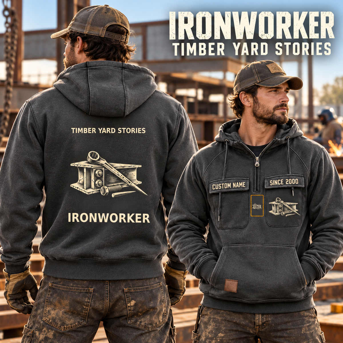 Ironworker Vintage Hoodie - Timber Yard Stories in Dark Gray, worn front and back lifestyle views with original artwork and sample personalization.