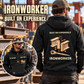 Ironworker Built on Experience Vintage Hoodie in Black, worn front and back lifestyle views with original artwork and sample personalization.