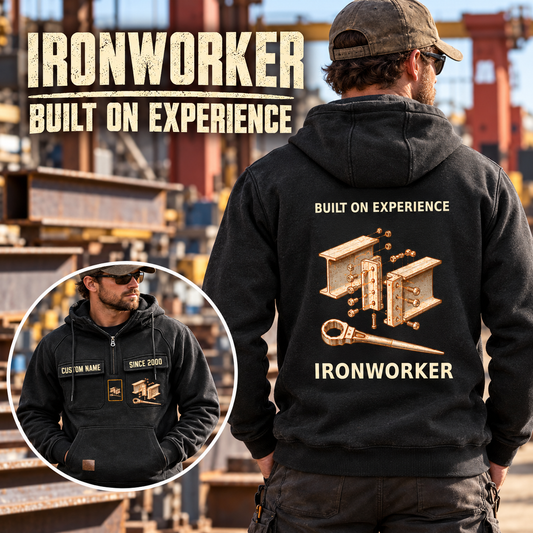 Ironworker Built on Experience Vintage Hoodie in Black, worn front and back lifestyle views with original artwork and sample personalization.