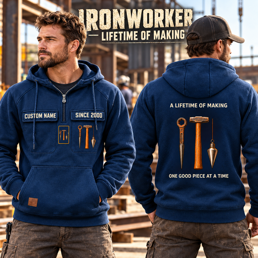 Ironworker Lifetime of Making Vintage Hoodie in Dark Blue, worn front and back lifestyle views with original artwork and sample personalization.