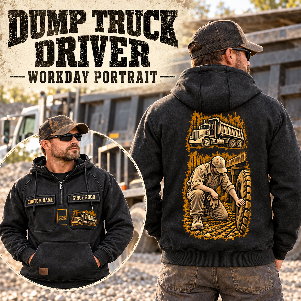 Dump Truck Driver Workday Portrait Vintage Hoodie in Black, worn front and back lifestyle views with original artwork and sample personalization.