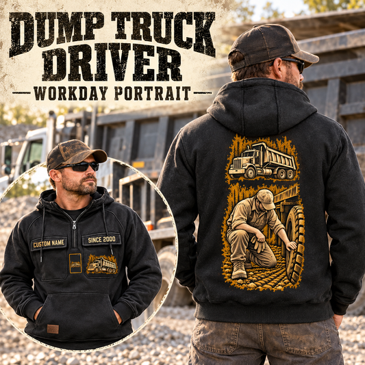 Dump Truck Driver Workday Portrait Vintage Hoodie in Black, worn front and back lifestyle views with original artwork and sample personalization.