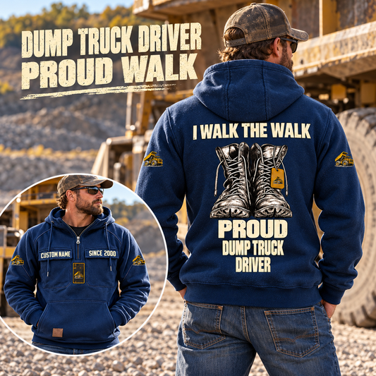 Dump Truck Driver Proud Walk Vintage Hoodie in Dark Blue, worn front and back lifestyle views with original artwork and sample personalization.