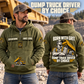 Dump Truck Driver By Choice Vintage Hoodie in Military Green, worn front and back lifestyle views with original artwork and sample personalization.