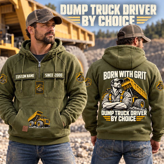 Dump Truck Driver By Choice Vintage Hoodie in Military Green, worn front and back lifestyle views with original artwork and sample personalization.