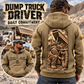 Dump Truck Driver Daily Commitment Vintage Hoodie in Kaki, worn front and back lifestyle views with original artwork and sample personalization.