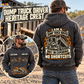 Dump Truck Driver Heritage Crest Vintage Hoodie in Dark Gray, worn front and back lifestyle views with original artwork and sample personalization.