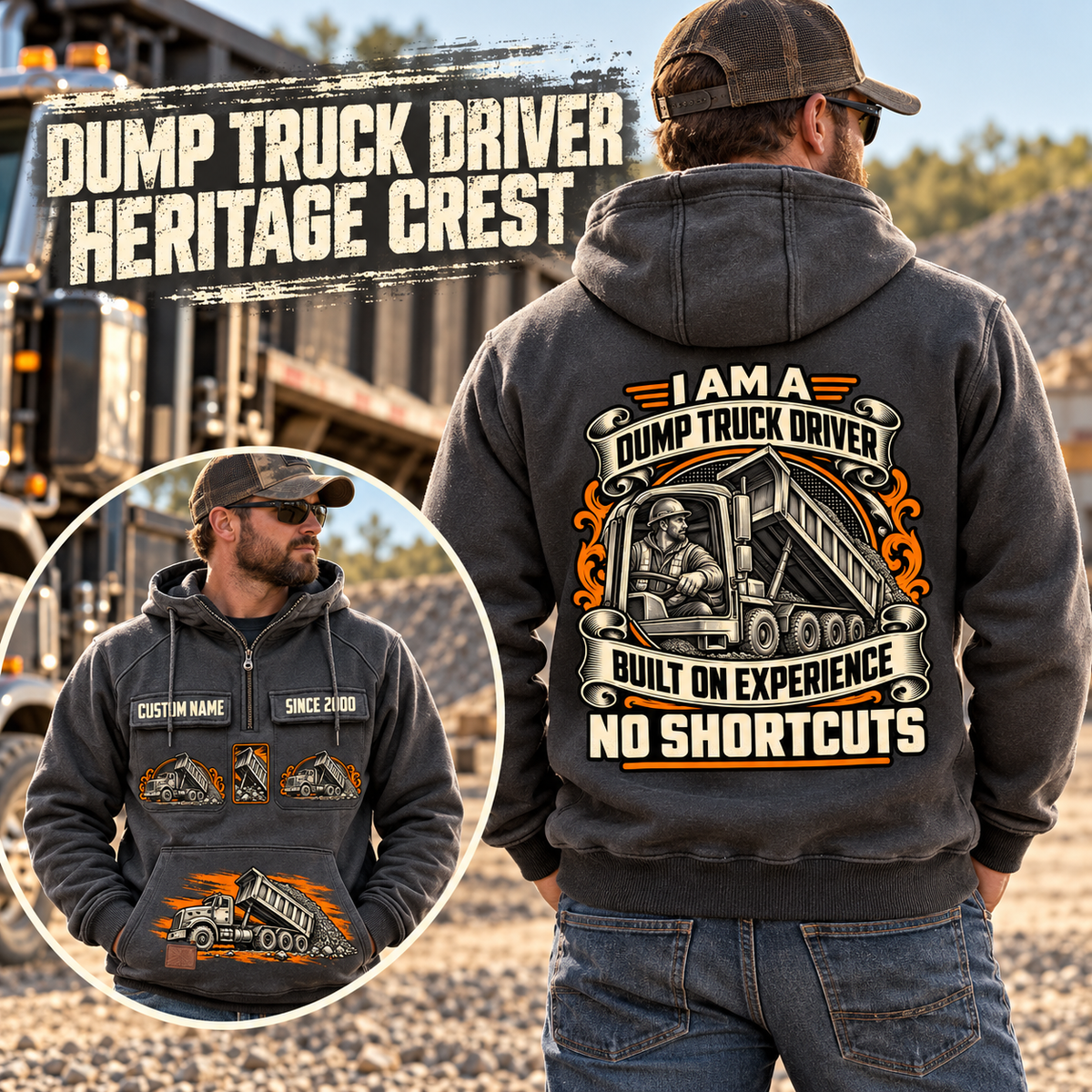 Dump Truck Driver Heritage Crest Vintage Hoodie in Dark Gray, worn front and back lifestyle views with original artwork and sample personalization.