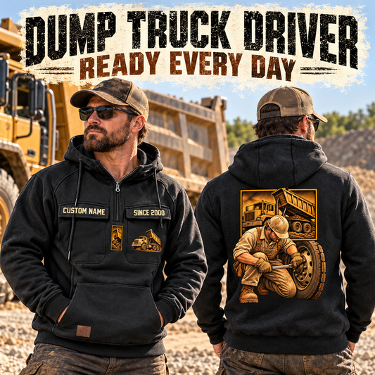 Dump Truck Driver Ready Every Day Portrait Vintage Hoodie in Black, worn front and back lifestyle views with original artwork and sample personalization.
