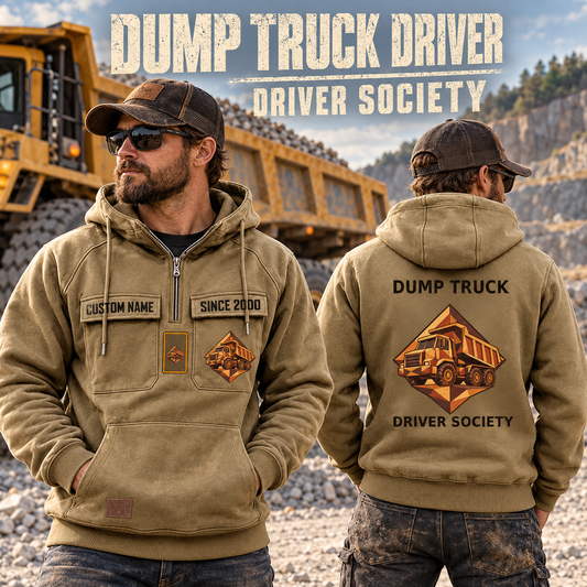 Dump Truck Driver Vintage Hoodie - Marquetry Society in Khaki, worn front and back lifestyle views with original artwork and sample personalization.