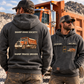 Dump Truck Driver Vintage Hoodie - Sharp Edge Society in Dark Gray, worn front and back lifestyle views with original artwork and sample personalization.