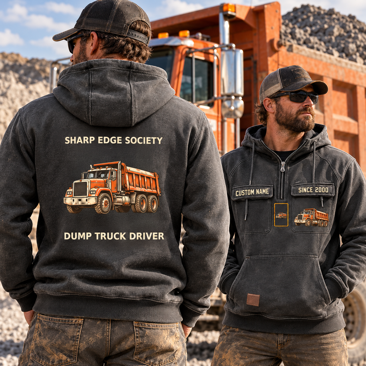 Dump Truck Driver Vintage Hoodie - Sharp Edge Society in Dark Gray, worn front and back lifestyle views with original artwork and sample personalization.
